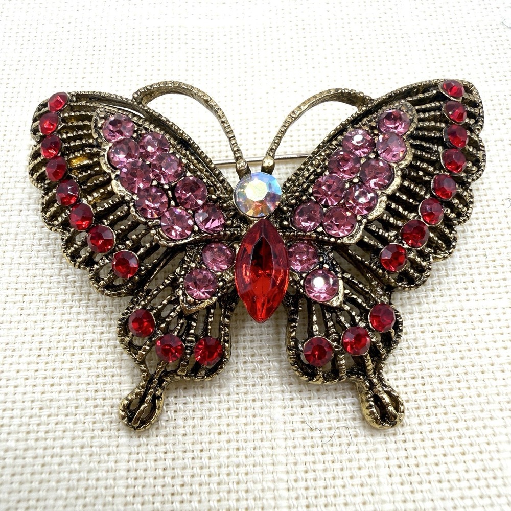Vintage Style Red and Pink Crystal Butterfly Bronze Tone Brooch Pin
